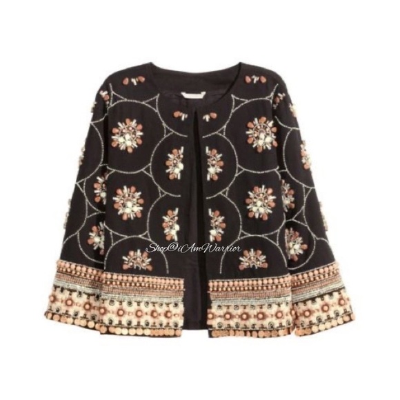 H&M NWT black embellished beaded cropped open 3/4 sleeve jacket *Shop@iAmWarrior - Picture 3 of 12